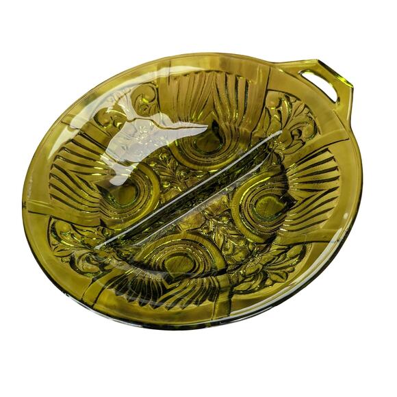 Vintage Divided Indiana Glass Side Condiment Vegetable Dish Plate Green Retro - Picture 2 of 16